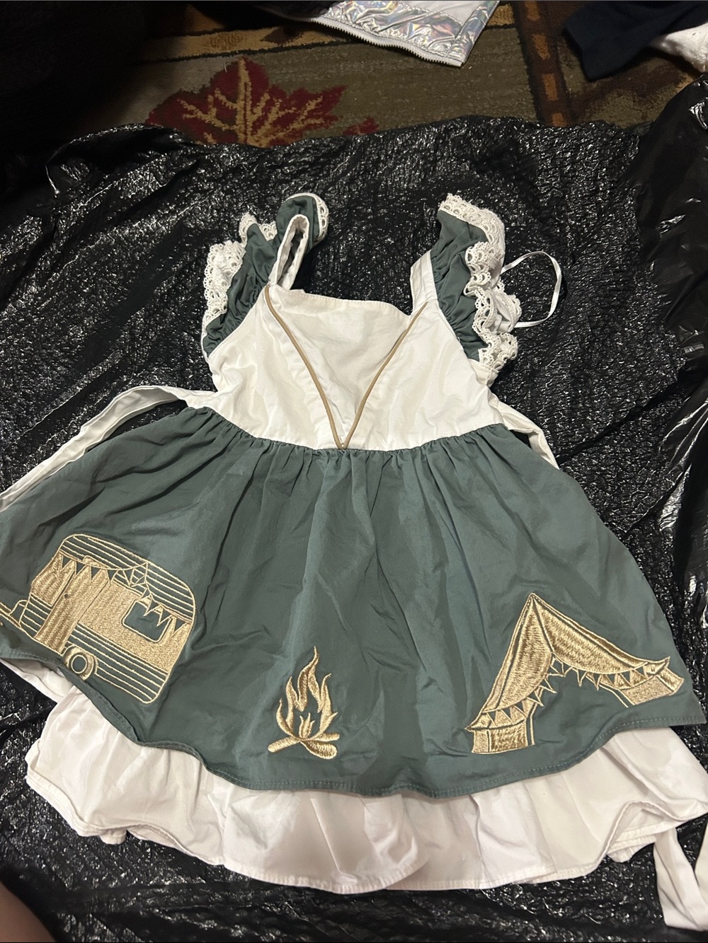 Girls' Green and White Camping Print Dress with Lace Trim